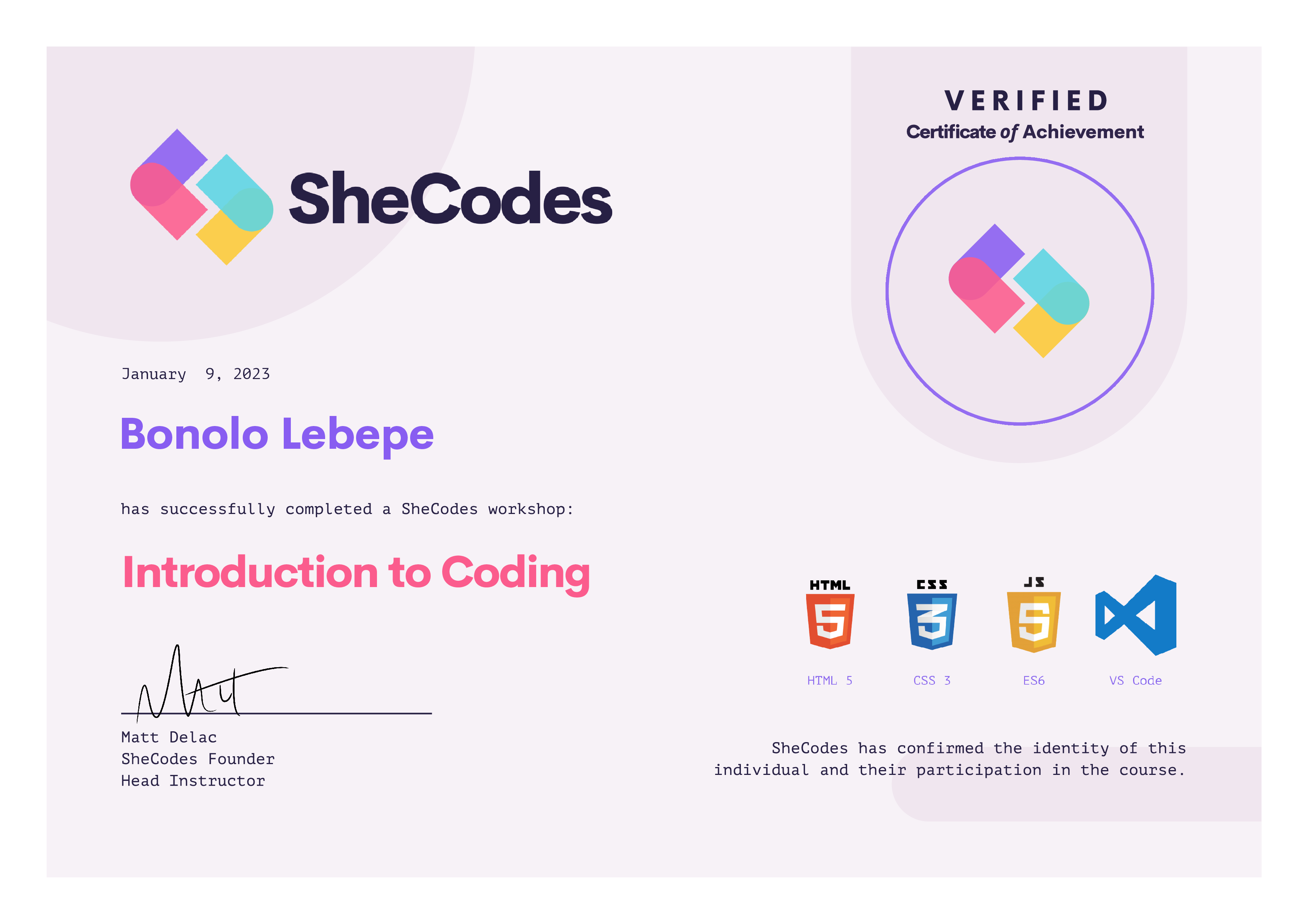 SheCodes Basics Certificate